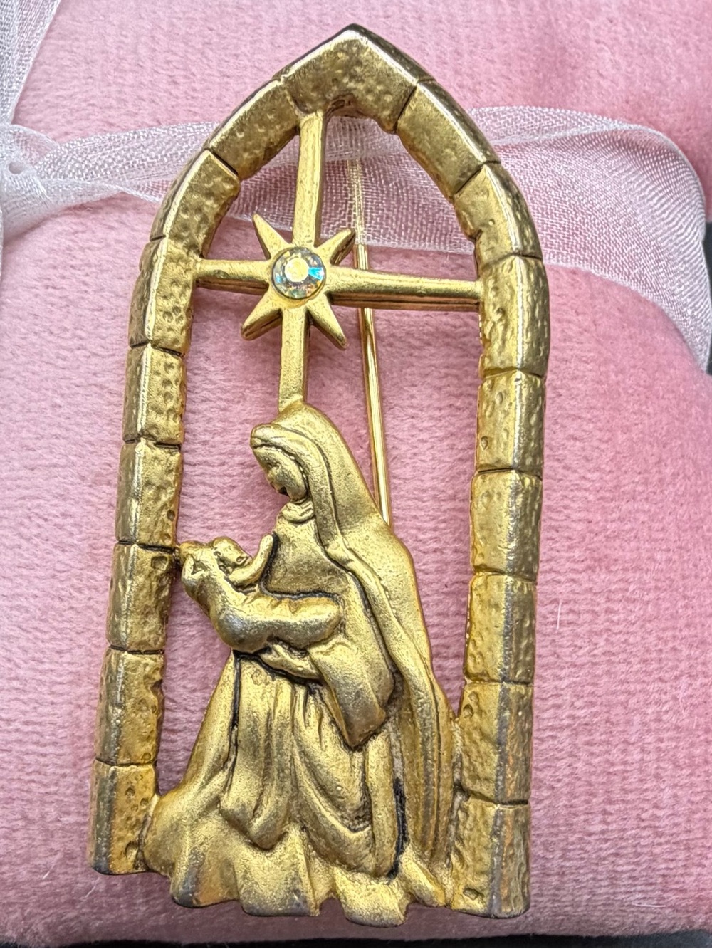 Gold Tone Madonna and Child Brooch